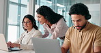 Call center, manager and people help on laptop for online help, contact and feedback. Professional, corporate office and mentor with woman on computer for customer service, training and crm support