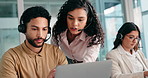 Call center, laptop and mentor with business people in office for sales consultant, advice and help desk. Feedback, contact us and b2b team with employees in telecom agency for customer service
