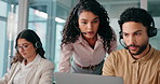 Call center, laptop and training with business people in office for sales consultant, advice and help desk. Coaching, contact us and b2b team with employees in telecom agency for customer service