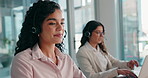 Business people, call center and women in office, conversation and help desk with internet. Employees, pc and consultant in workplace, customer support and discussion with smile, crm and professional