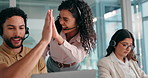 Call center, manager and people in office high five on laptop for success, training and feedback. Professional, corporate and mentor with workers on computer for customer service and crm support