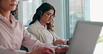 Call center, business people and woman with laptop for typing, crm support and telemarketing. Office, coworking and consultant with headset for communication, faq advisory and customer experience