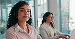 Face, call center and women in office, smile and confidence with career ambition, help desk and pc. Portrait, happy person or employees in workplace, headset or customer support with friendly service
