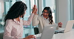 Call center, business people and woman with laptop for high five, crm help or success for sales goal. Fist pump, coworking and agent in office for telemarketing, promotion and colleague to celebrate