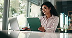 Business, thinking and woman in office, laptop and email with online reading, creativity and app. Person, editor and journalist with tech, tablet and research for article, news report and opportunity