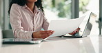 Hands, audit or businesswoman on laptop for document, account management and finance report. Project, administration or accountant with paperwork for tax compliance, investment and record keeping