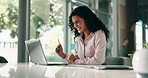 Office, businesswoman and excited with laptop for news, blog reviews and success for publication. Career, person and public relations specialist with cheer for promotion, feedback and trending topic