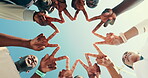Runner, star and below with hands of people for fitness, teamwork and support. Training club, wellness and diversity with low angle of group of friends outdoor for partnership, sports and peace sign