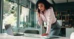 Business, woman or phone call with graph paperwork in office for kpi review, negotiation or feedback. Financial analyst, employee and speaking to investor for budget forecasting and investment deal