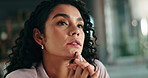 Business thinking and woman in office, decision and planning with creativity, copywriting and ideas. Person, employee and journalist in workplace, choice or daydreaming with problem solving or wonder