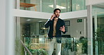 Phone call, talk and businessman in lobby for advice, economy update or finance report. News, explain or financial advisor consulting for negotiation, research and investment portfolio in office 
