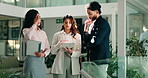 Discussion, feedback and tablet with business people in office for teamwork, account profit and review. Collaboration, meeting and investor bonus with employees for partnership and report