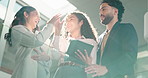Below, high five and tablet with business people in office for teamwork, account profit and success. Collaboration, meeting and investor bonus with low angle of employees for partnership and report