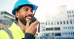 Radio, man and construction worker outdoor on site for building, renovation or repairs with communication. Contractor, talking and male civil engineer with inspection, supervision or management.