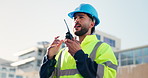 City, man and architect with radio for construction, building maintenance or talking for architecture. Outdoor, male person or engineer with tech for communication, property development or inspection