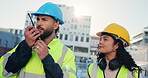 Radio, construction and teamwork with people in city for building, inspection and communication. Architecture, infrastructure engineer and project management with contractors for property development