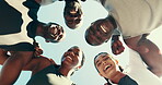 Huddle, face and runner with below of people in city for teamwork, sports athlete and support. Fitness group, training club and low angle of friends in circle outdoor for community, workout and trust