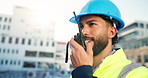 Outdoor, engineer and man with radio, communication and planning for project management and talking. Construction worker, employee and person with tech for architecture, conversation and progress