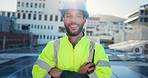 Face, man and architect with radio for construction, building maintenance or pride for architecture. City, male person and engineer with tech for communication, property development and arms crossed