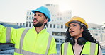 Pointing, construction and teamwork with people in city for building, inspection and planning. Architecture, infrastructure engineer and project management with contractors for property developer