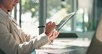 Office, tablet and business woman with pen for online proposal, website analytics and report. Professional, corporate and person with stylus on digital tech for project, SEO research and planning
