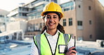 Face, woman and engineer with radio for construction, building project and pride for architecture. City, female person and architect with tech for communication, property development and arms crossed