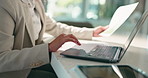 Typing, laptop and hands of business woman in office for research, finance portfolio and documents. Account chart, planning and connection with person in agency for paperwork, audit  and review