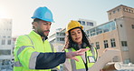 Construction, blueprint and people in city for building inspection, planning and maintenance. Engineering, architecture and contractor team with floor plan for feedback, infrastructure and renovation