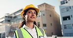 City, woman and architect with thinking for construction, building maintenance and project ideas. Rooftop, female person or engineer with planning for property development, architecture or inspection