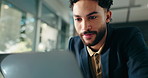 Business, man or smile with laptop in office for reading finance report, budget review and insight. Financial advisor, employee and technology for investment plan development and portfolio management