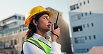 Talking, engineer and woman with radio, outdoor and communication for project management or digital. Construction worker, employee and person with tech for architecture, conversation and progress