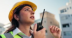 Construction, radio and woman in city talking for building inspection, instructions and maintenance. Civil engineering, architecture and person speaking for feedback, infrastructure and renovation