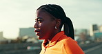 City, black woman and thinking with breathing for fitness, marathon training and break with smile. Outdoor, female person and runner with rest for exercise, workout and thoughts for cardio on road