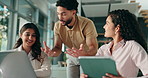 Teamwork, online and research with business people in office for planning, article review and project. Media collaboration, meeting and help with group of employees with tablet, laptop and discussion