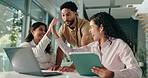 High five, group and team with tablet, online and excited for achievement on website or celebration. Happy, people and colleagues with tech for marketing strategy, collaboration and accomplishment