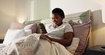 Happy, cellphone and black woman in bedroom, internet or social media with message to contact. African person, home or funny video with smartphone, connection or typing with app, meme and chatting
