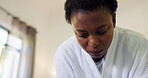 Black woman, waiting and anxiety with pregnancy test on bed with fertility results of ivf treatment. Nervous, female person and medical stick for pregnant news, regret mistake and unexpected at house