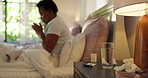 Blur, sick and tissues with black woman in bedroom of home for recovery from cold or flu virus. Blowing nose, influenza or symptoms and unwell person lying in bed with allergy, fever or sinusitis 