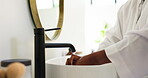 Hygiene, woman and washing hands in bathroom basin for germ removal, disinfection and skin health. Skincare, person and cleaning dirt by tap for bacteria protection, self care and prevention in home