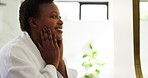 Black woman, check and face for skincare at house for natural beauty, self care and smooth results. Female person, blow kiss and confidence of cosmetic benefits, routine inspection and treatment glow