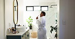 Dance, brushing teeth and black woman in bathroom in home with music, playlist or album. Toothbrush, dental health and African female person moving and singing with energy to song on radio in house.