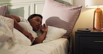 Wake up, relax and woman with stretching on bed for morning routine, start day or muscle relief. Awake, black person or hands raised in home for comfortable sleep, peaceful or feeling fresh from rest