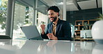 Businessman, fist pump and laptop for success at office, profit or smile for goal at finance agency. Person, investor and broker with computer, celebration or cheers with revenue increase at company