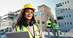 City, woman and face of engineer for construction, building maintenance and project management. Rooftop, clipboard and architect in portrait for property development, smile and architecture blueprint