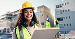 City, woman and engineer with clipboard for construction, building maintenance and project management. Rooftop, person and architect with thinking for property development, inspection or architecture