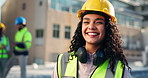 Construction, woman and face of architect in city, building maintenance and project management. Rooftop, person and engineer in portrait for property development, laughing and architecture inspection