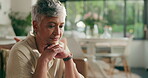 Senior, thinking and woman with stress on sofa for grief, reflection and sad memory. Mental health, thoughtful and person with depression in home with worry, regret decision and lonely in retirement