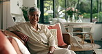 Happy, sofa and face of senior woman in living room with relax, calm or peaceful morning on weekend. Smile, laugh and portrait of elderly female person from Mexico in retirement in lounge at house.