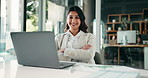 Office, laptop and face of business woman for finance report, research and financial consultant. Crossed arms, corporate and portrait of person on computer for planning, project and budget review