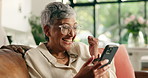 Home, excited and old woman on sofa, smartphone and winner with email notification. Apartment, pensioner and senior person on couch, cellphone and celebration with discount deal, competition or sales